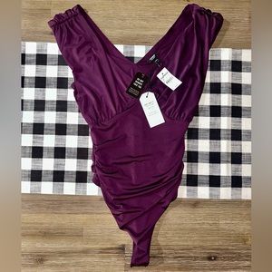 Express Body Contour Double Layer Ruched Bodysuit Dark Purple